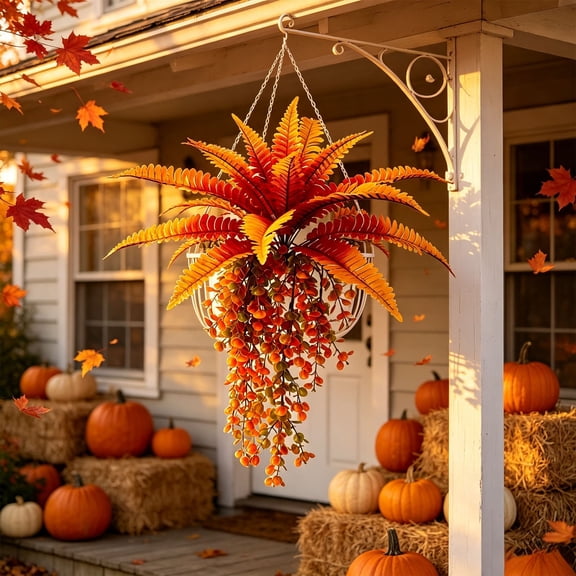 ZENVIVE Artificial Fall Harvest Hanging Basket, 31.5" Orange Ferns Plants with Berry Branches, Thanksgiving Outdoors Indoor Decoration for Front Door, Patio, Wall & Fireplace