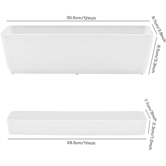 Window Box Planter, 12 Inches Flower Window Planteres, Rectangle Planters Box with Drainage Holes and Trays, Plastic Garden Flower Plant Pot for Windowsill Patio Garden Home Decor Porch Yard (White)