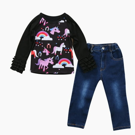 

BrilliantMe Toddler Baby Girls Long Sleeve Ruffle Cuff Unicorn Top Denim Pants Autumn Clothes Outfits Black 2-3 Years
