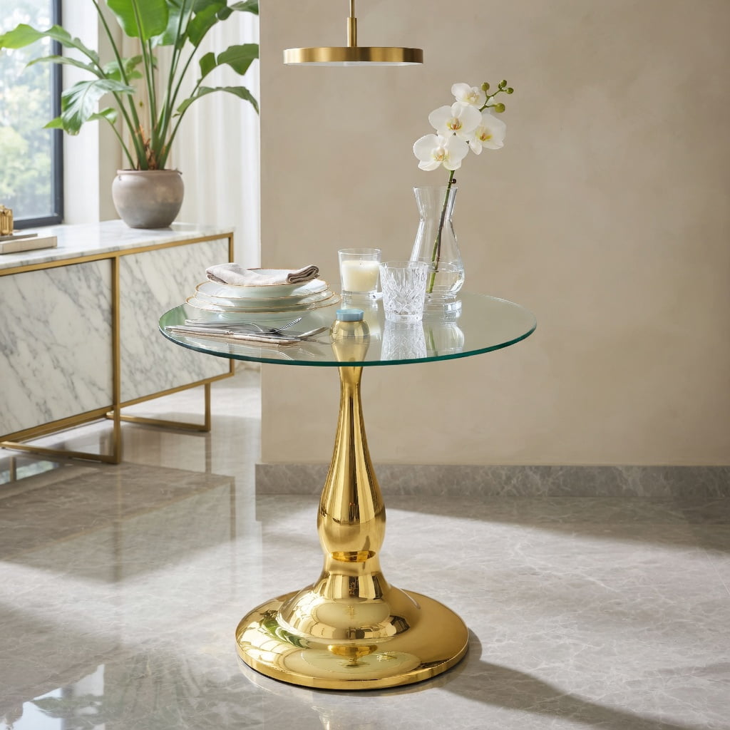 Hommoo Modern Metal Side Table with Tempered Glass Top, 20.3 in Height, Round 19.6 in Diameter, Indoor & Outdoor Use, Gold