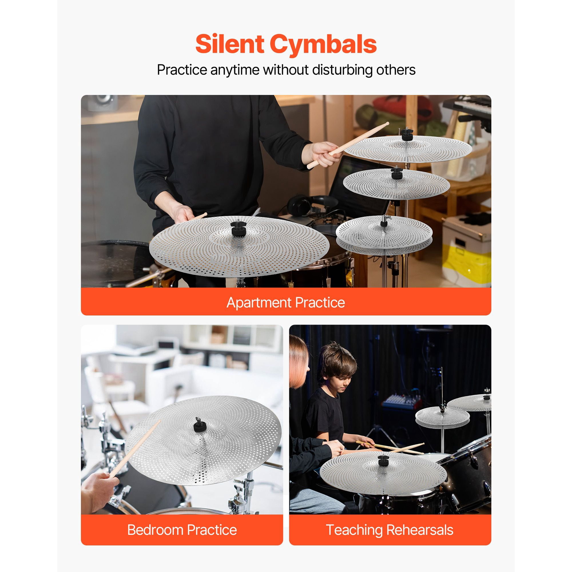 4-Piece Low Volume Cymbal Pack for Drum Set, Quiet Alloy Cymbals with 14-inch Hi-Hat, 16-inch Crash, 18-inch Crash, 20-inch Ride, Includes Drumsticks and Carry Bag for Practice or Performance