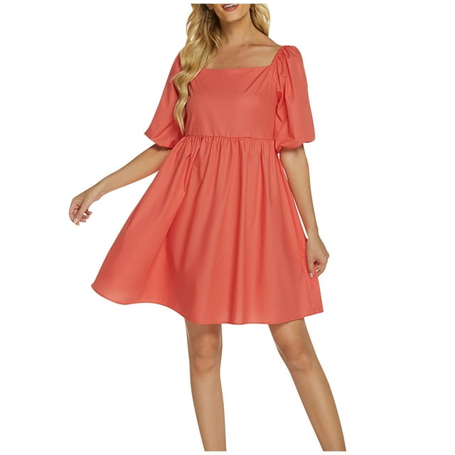 Drppepioner Robe d'Été 2024 pour Femme à Encolure Carrée, Manches Bouffantes Courtes, Couleur Unie, Taille Haute, Robe d'Été Décontractée Ample pour Femme, Couleur Unie, Taille Haute, Manches Bouffantes, Robe Trapèze, Rouge Melon D\'eau