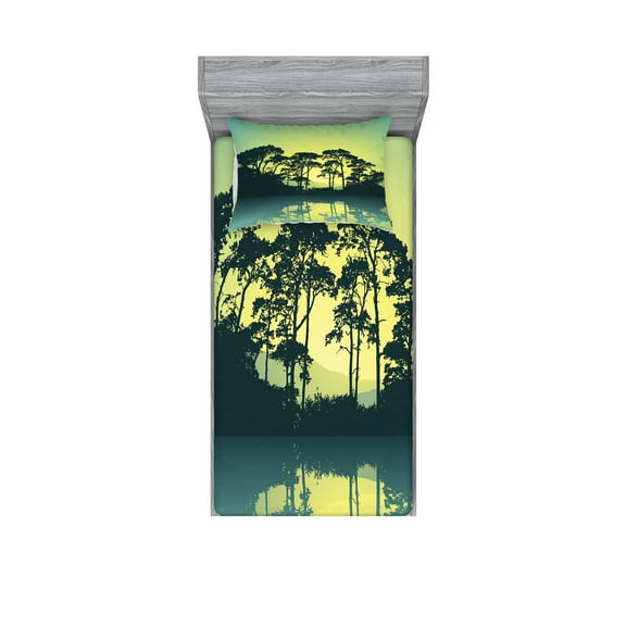 Ambesonne Abstract Fitted Sheet & Pillow Sham Set, Forest Tree Landscape, Twinxl, Blue and Green