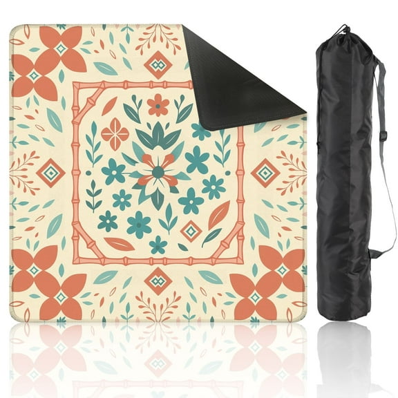 Mahjong Mat 31.5" x 31.5" Floral Geometric Elements Soft Coral Teal Tones Anti-Slip and Noise Reduction Symmetry Design Mahjong Tiles Table Cover for Dominoes Poker Card Board and Tile Games