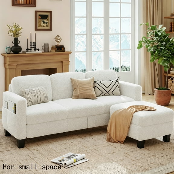 Pinmoco L-Shaped Sectional Sofa Couch for Living Room, 3 Seat Teddy Fabric Convertible Modular Sofa with Movable Storage Ottoman and Side Pockets for Apartment and Small Space, Off White