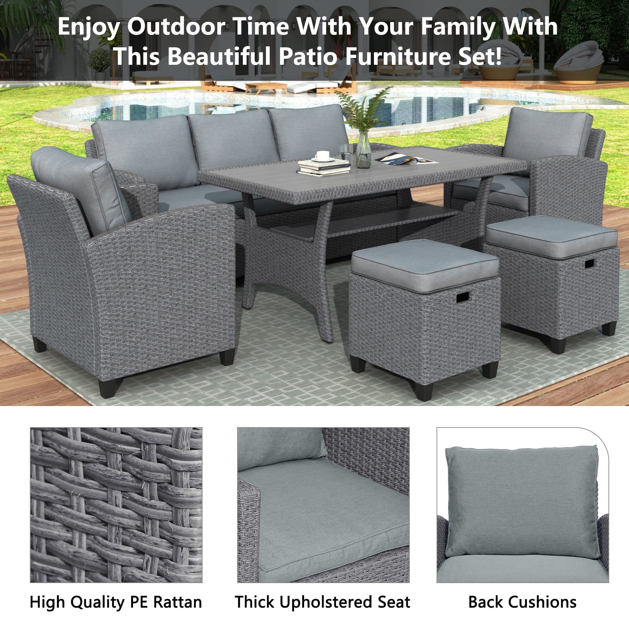 Harper & Bright Designs 6 Pieces Wicker Outdoor Patio Furniture Set with 3-Seater Sofa, 2 Armchairs, Coffee Table & Stools, All-Weather Rattan Conversation Lounge Set for Backyard Garden, Gray