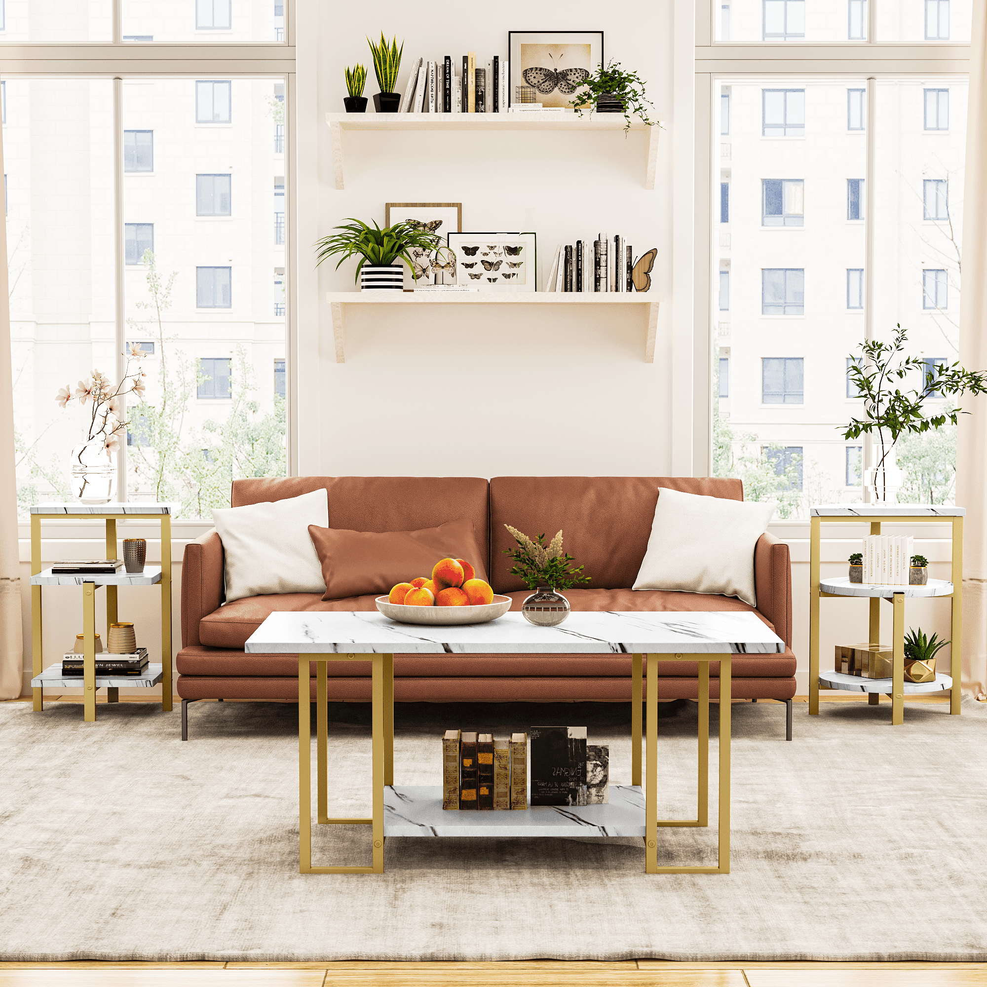 Baxluxe 3 Pieces Faux Marble Table Set, Modern Rectangle Coffee Table with 2 Side Table, Faux Marble Tabletop and Metal Frame, 3 Pieces Table Sets for Living Room, Apartment, White & Black