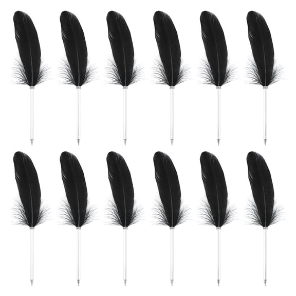 Uxcell 12Pcs Feather Ballpoint Pens Bulk 0.5mm Ink Vintage Silver Rod Black Quill Writing Pens for Office, Wedding
