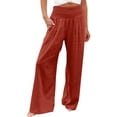 thumbnail image 2 of Wide Leg Linen Pants Women Summer High Waisted Boho Beach Flowy Pant Casual Vacation Outfits Elastic Lounge Trousers Red 3XL, 2 of 5