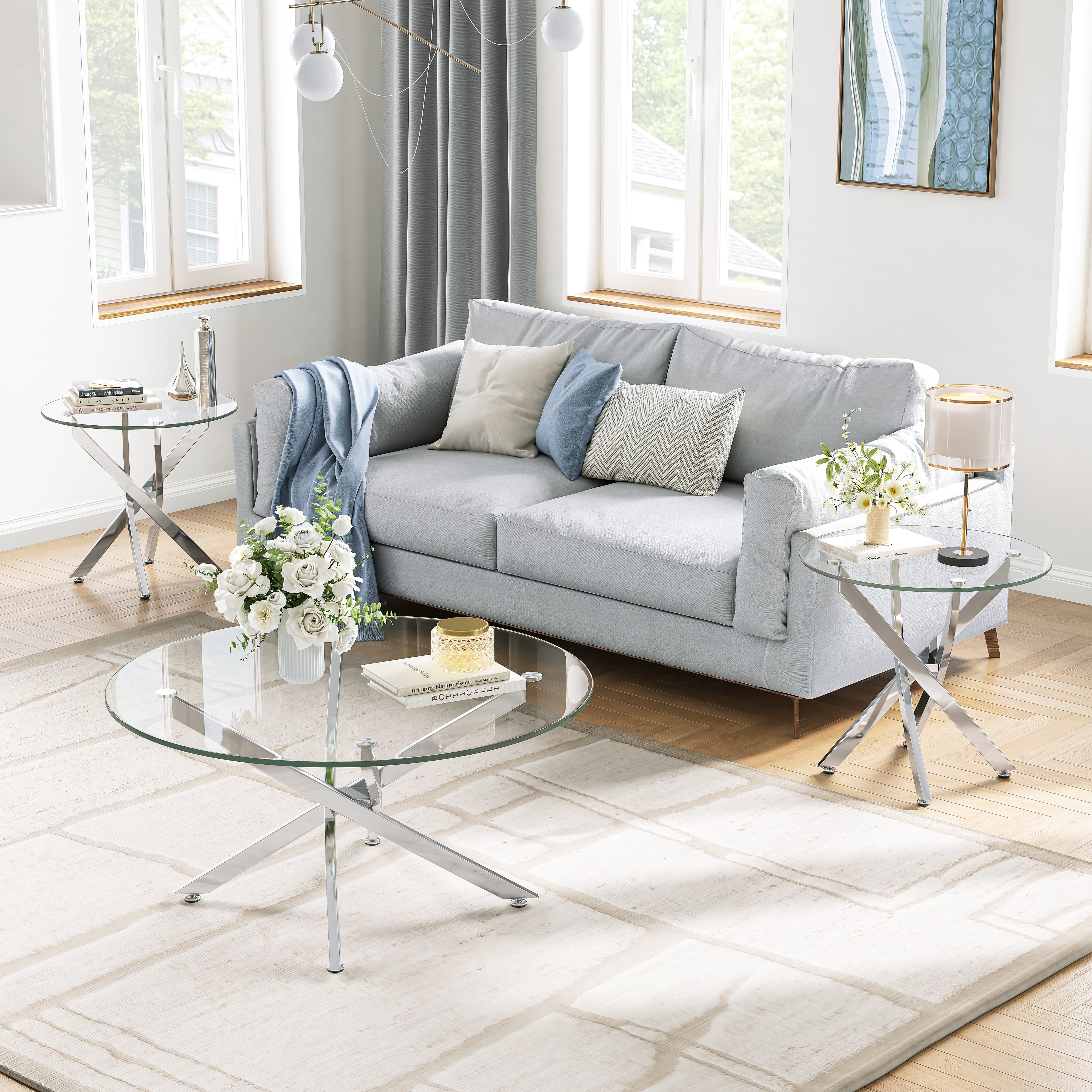 Modern 23.62" Round End Table, Tempered Glass Top, Stainless Steel Cross Base, Nightstand, for Living Room, Bedroom, Small Spaces