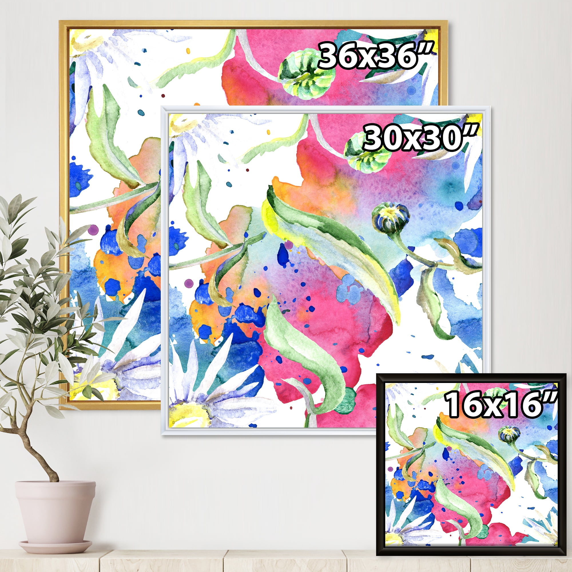Iridescent Colorful Daisy Flowers 16 in x 16 in Framed Painting Canvas Art Print, by Designart
