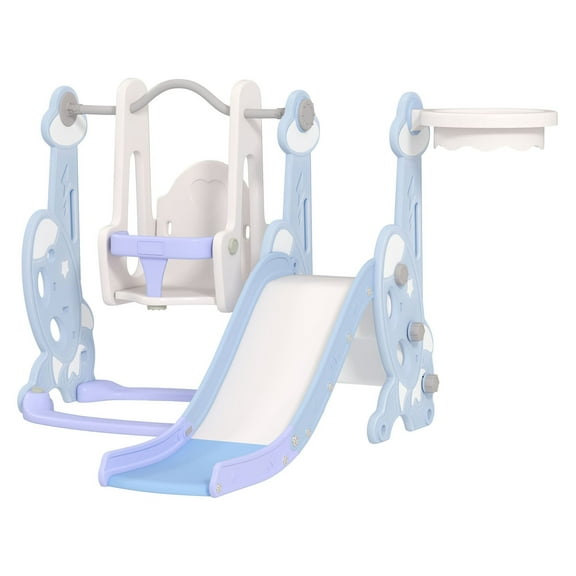 Toddler 4-in-1 Swing Set & Slide - Indoor Playground for 1.5-4 Year Olds - Light Blue - Rocket Design with Climber & Basketball Hoop