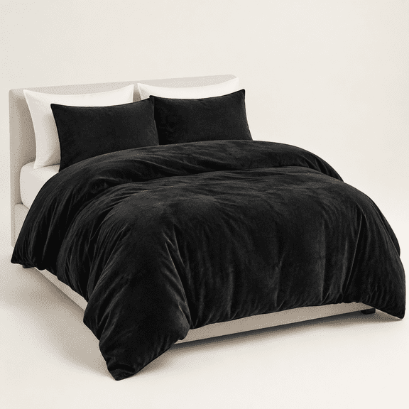 Black Queen Size 3-Piece Soft Luxury Flannel Duvet Cover Set
