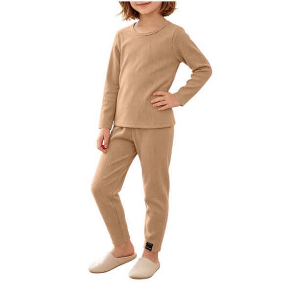 Fleece Base Layers Kids Ribbed Thermal Underwear Set Round Neck Long Sleeve Soft Base Layer Sleepwear For Boys Girls(Coffee, 7-8 Years)