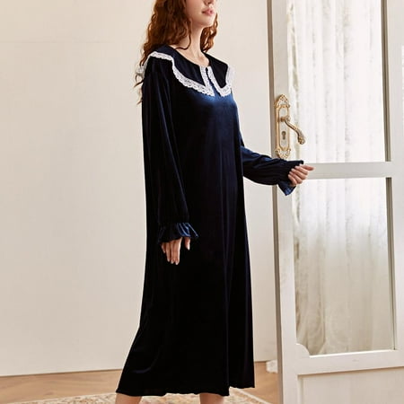

TINKER Home Lace Collar French Retro Ladies Bathrobe Gold Velvet Long Sleeve Fall/Winter Nightdress