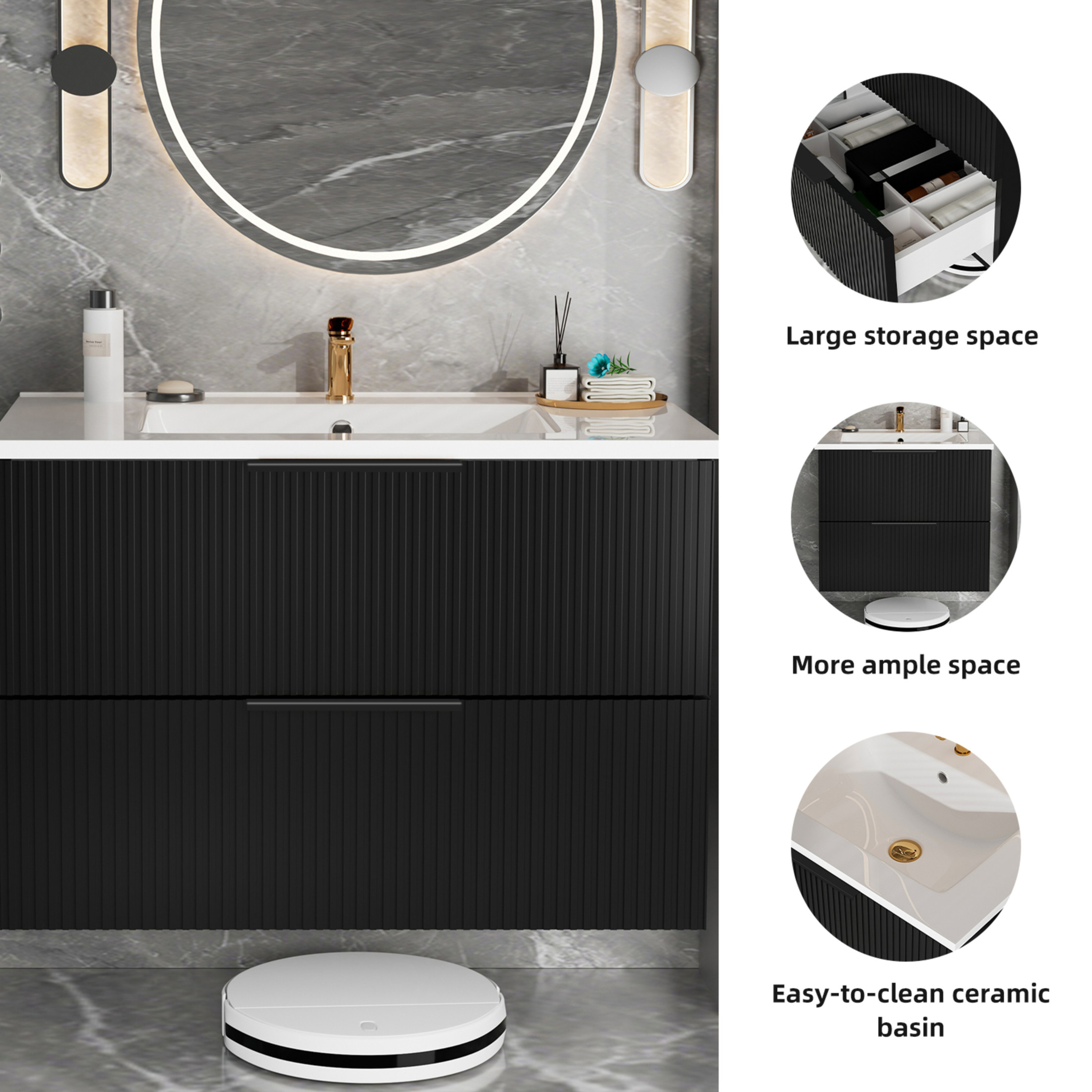 Noble House 36" Wall Mounted Floating Bathroom Vanity with Sink, 2 Drawers, Modern Cabinet, Matte Black