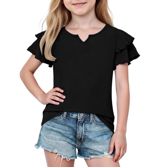 Zpanxa Shirts for Girls Girls Short Sleeve V-Neck Multi Color Ruffle Decor Soft Daily Tee Black 7 Years