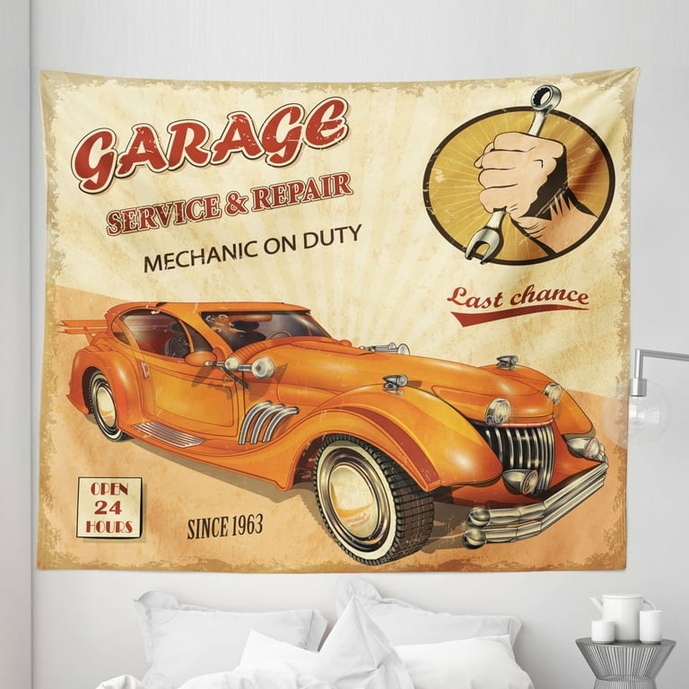 Retro Tapestry Vintage Garage Advertising Worn Print with Engines and Mechanical Fabric Wall Hanging Decor for Bedroom Living Room Dorm 5 Sizes Orange Cream Red by Ambesonne Walmart