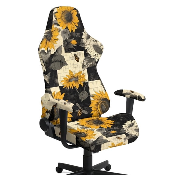 SCRAWLGOD Sunflower Bee Print Plaid Beige Black 4 PCS Gaming Chair Cover with Armrest Slipcovers Stretchable Machine Washable Computer Chair Seat Slipcovers Cat Scratch Proof