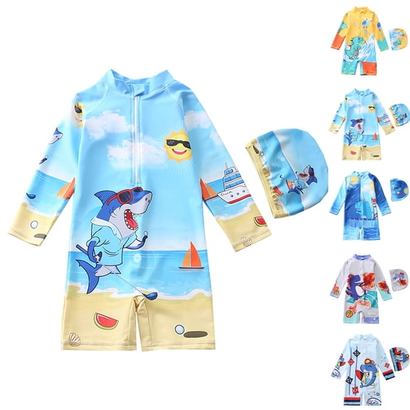 Gelikeya Baby Boy Swimsuit One Piece Long Sleeve Zipper Bathing Suit UPF 50 Sun Protection Rashguard Swimwear with Hat Blue 2-3 Years