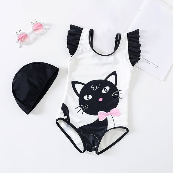 CAIXIA Girls Swimsuit Girl One Piece Adjustable Wide Straps Girls Bathing Suits Cute Pattern Print Bow Back Ruched Girls Swimsuit Size 8 Sparkly Girls Swimwear,4-5 Years