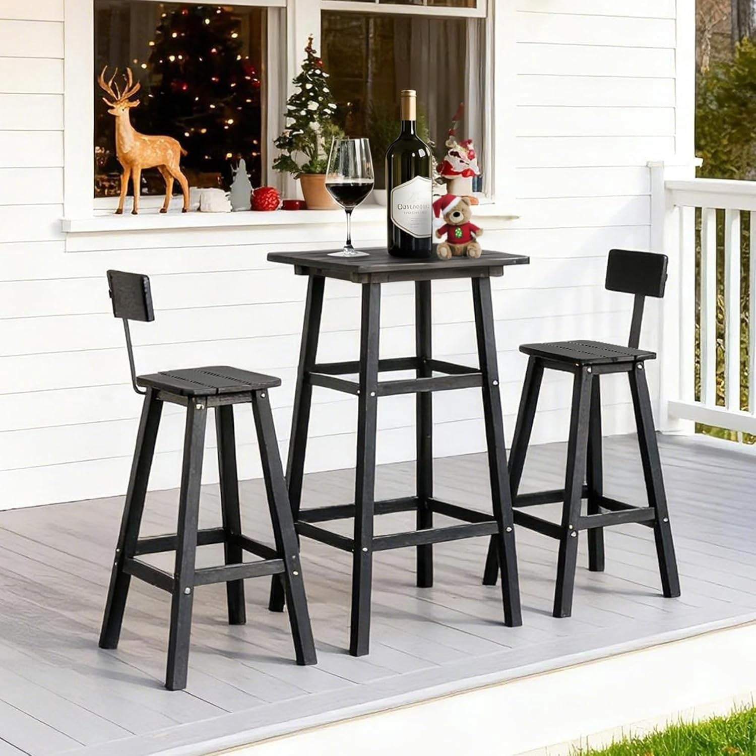 Bar Height Chairs Set of 2, HDPE Outdoor Adirondack Bar Stools, Weather Resistant Tall Patio Chairs with Backrest for Deck Garden Kitchen Island, Black