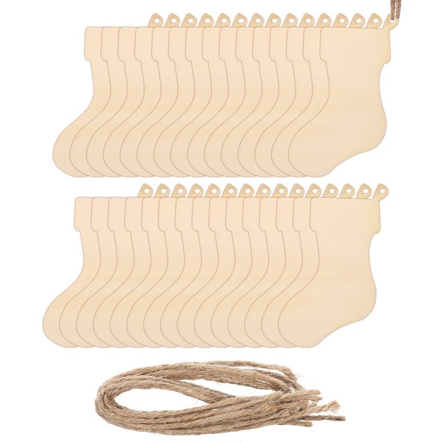 Recortes de calcetines de madera navideños, letrero de madera colgante con cuerda para manualidades, colgante para árbol de Navidad, paquete de 30