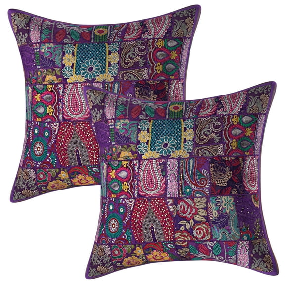 Stylo Culture Indian Decorative Cotton Purple Large Throw Pillow Covers 24x24 Patchwork Vintage Sofa Colorful Throw Pillow Covers Abstract Floral 60x60 cm Cushion Covers (Set Of 2)