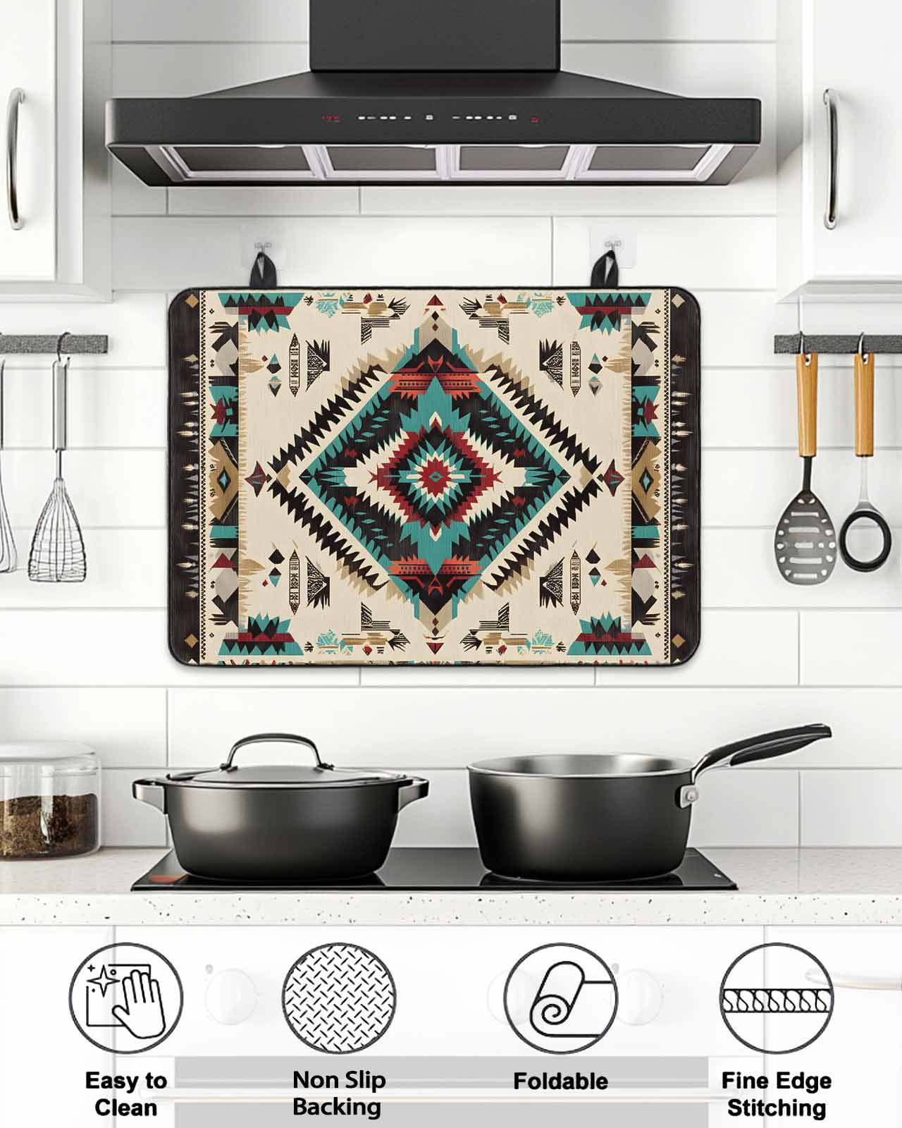Stove Top Covers for Electric Stove, Boho Red Teal Brown Glass Stovetop Cover Protector, Southwestern Country Geometric Induction Cooktop Protector Oven Mat for Kitchen Countertop 24"x21"