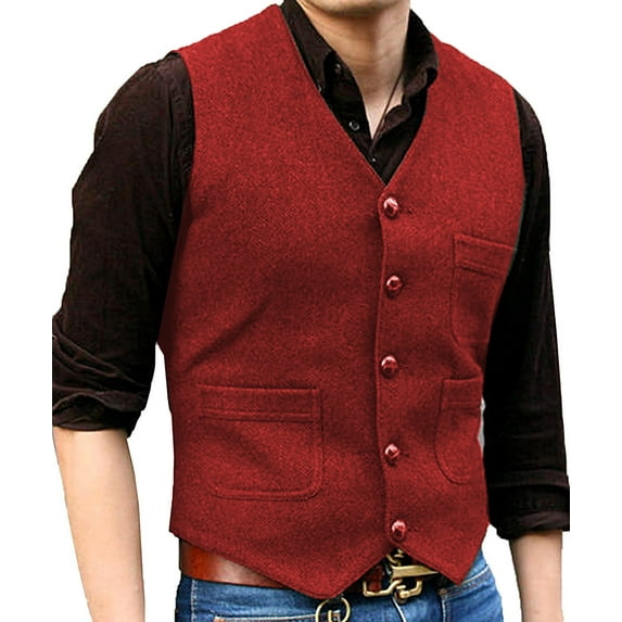 Solovedress Hunting Tweed Waistcoats Mens Herringbone Suit's Vest Wedding Vintage Wool Retro Travel Slim(Red,L)