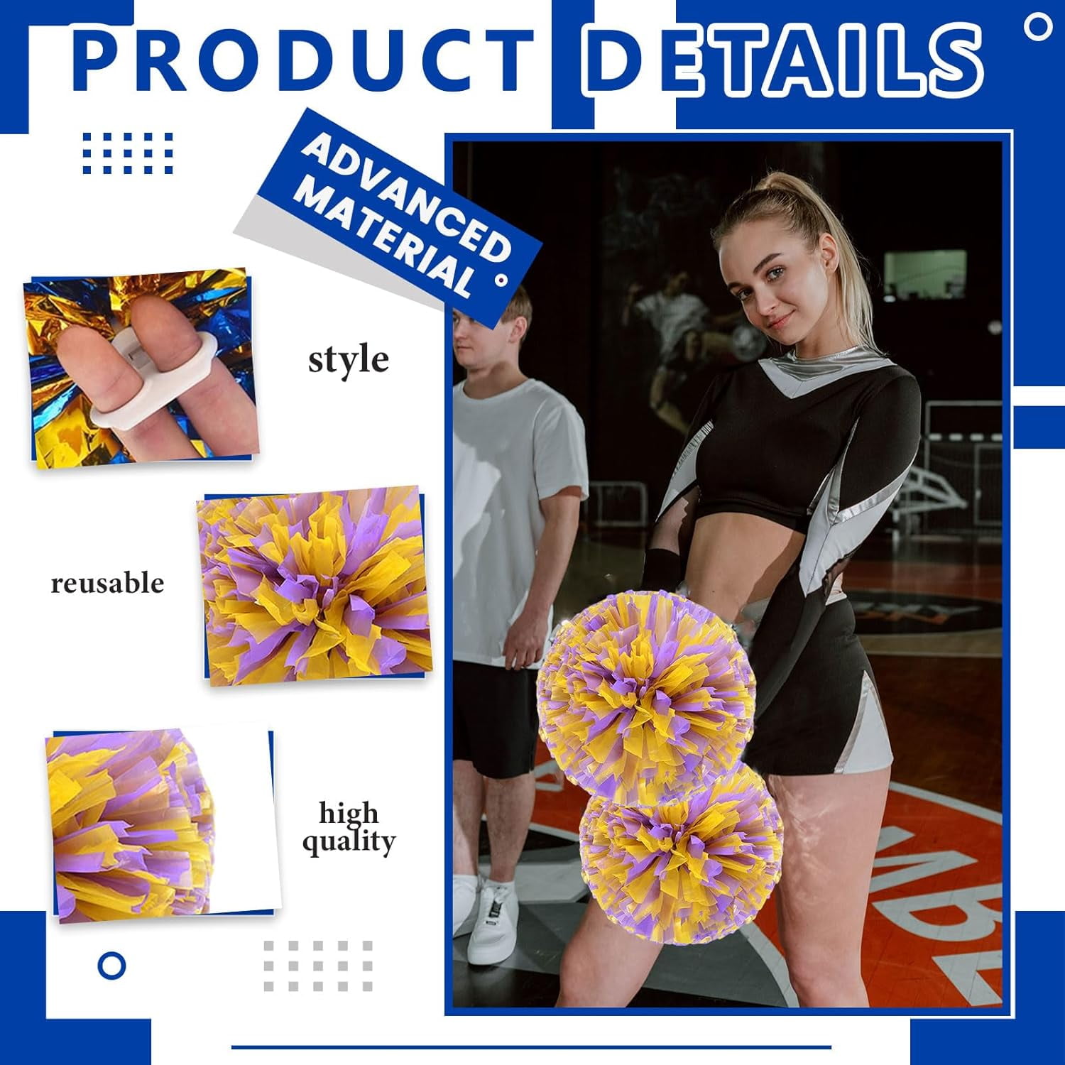 Cheerleader Pom Poms 24 Pack Sports Dance Cheering Plastic Metallic Cheerleading Pom Poms for Kids Adults-Ring Style
