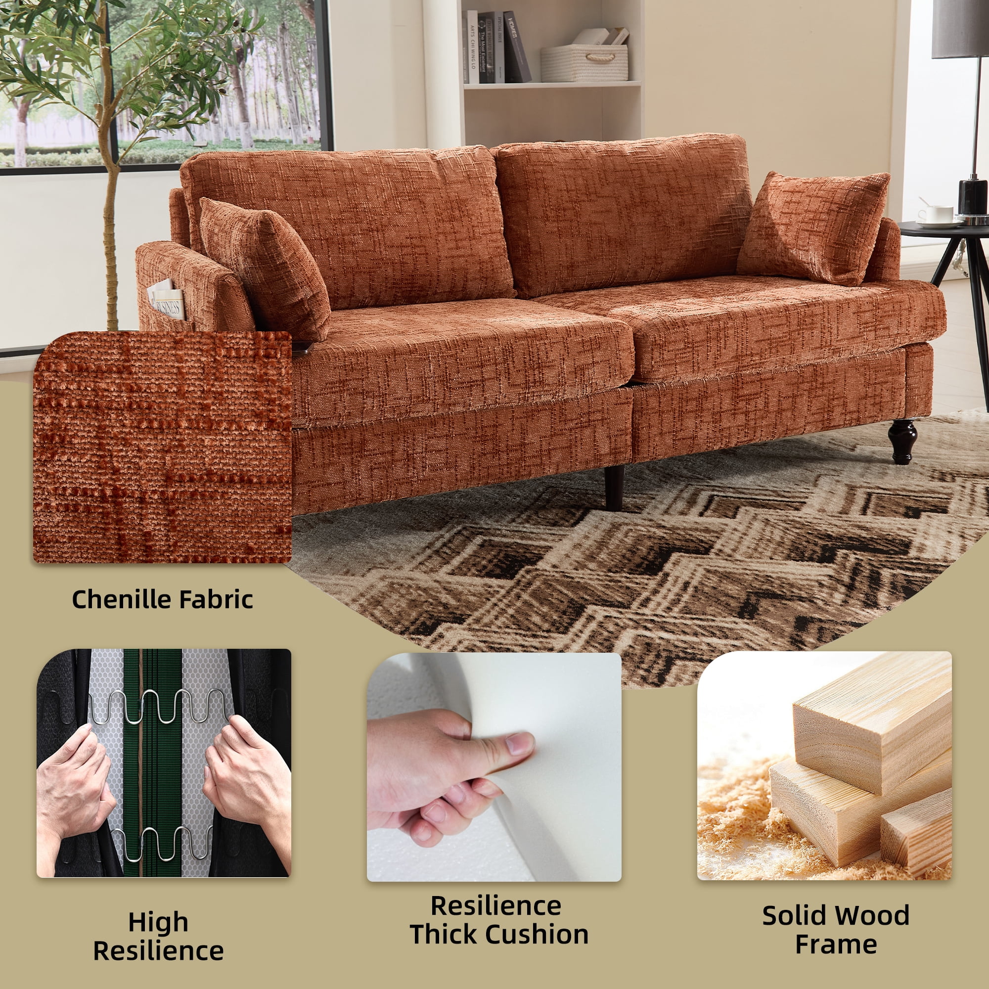 MOONMISS Chenille Upholstered Mid Century Modern Wood Frame Loveseats Sofa with LED light,USB and Side Pocket-Orange