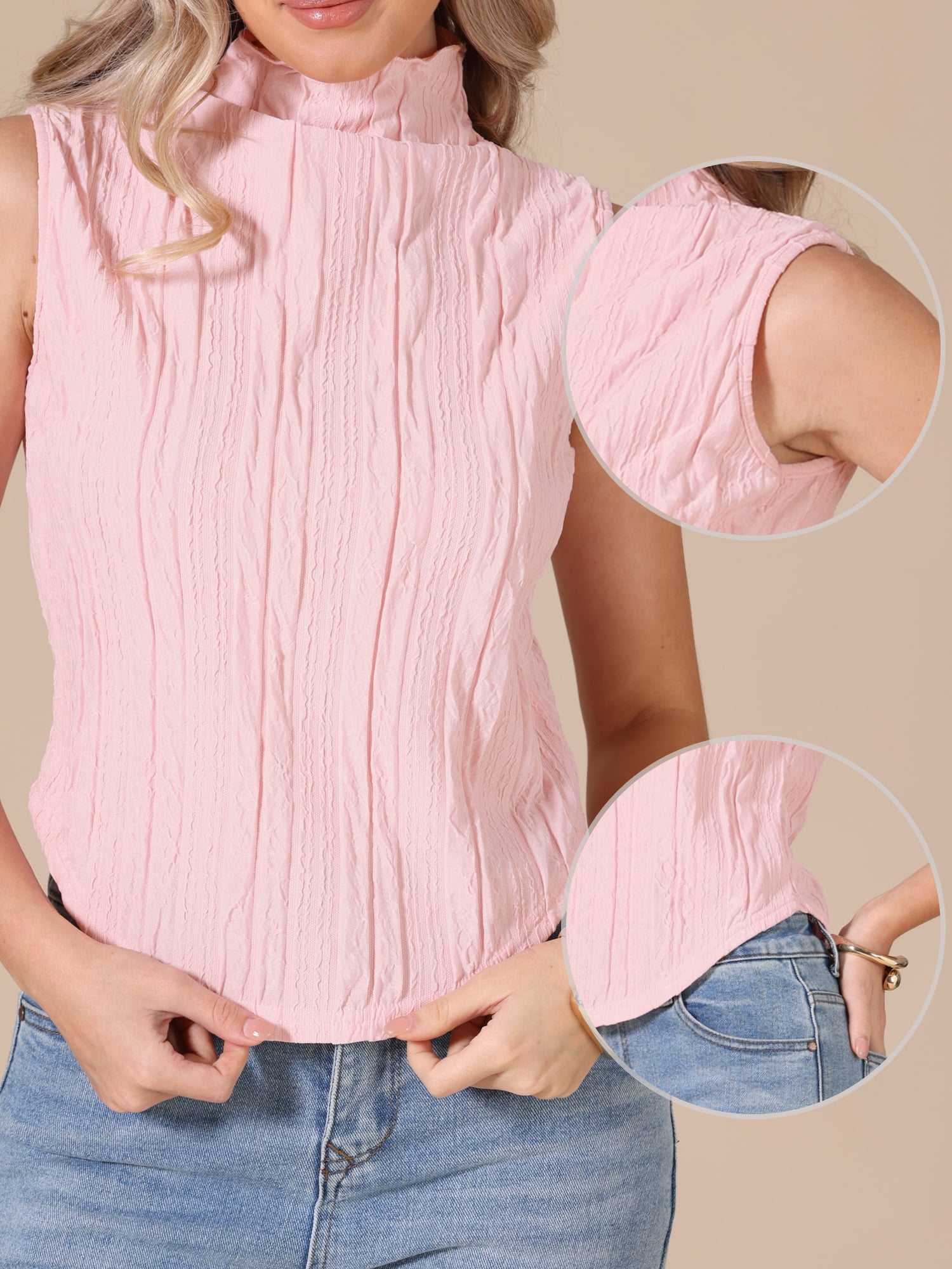DARING DIVA Women's Sleeveless Mock Neck Tank Top Textured Business Blouse XL Pink