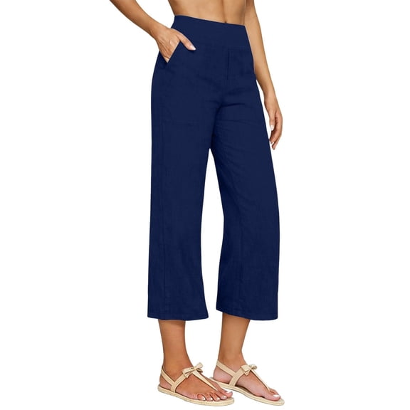 Kinrui Cotton Linen Capri Pants for Women Wide Leg Capris Pant Summer Boho Dressy Casual Elastic Waist Beach Trousers with Pockets Navy S
