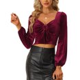 thumbnail image 1 of Top recortados con junta tórica para mujer Blusa de terciopelo de manga larga con cuello en forma de corazón Vino rojo M, 1 of 5