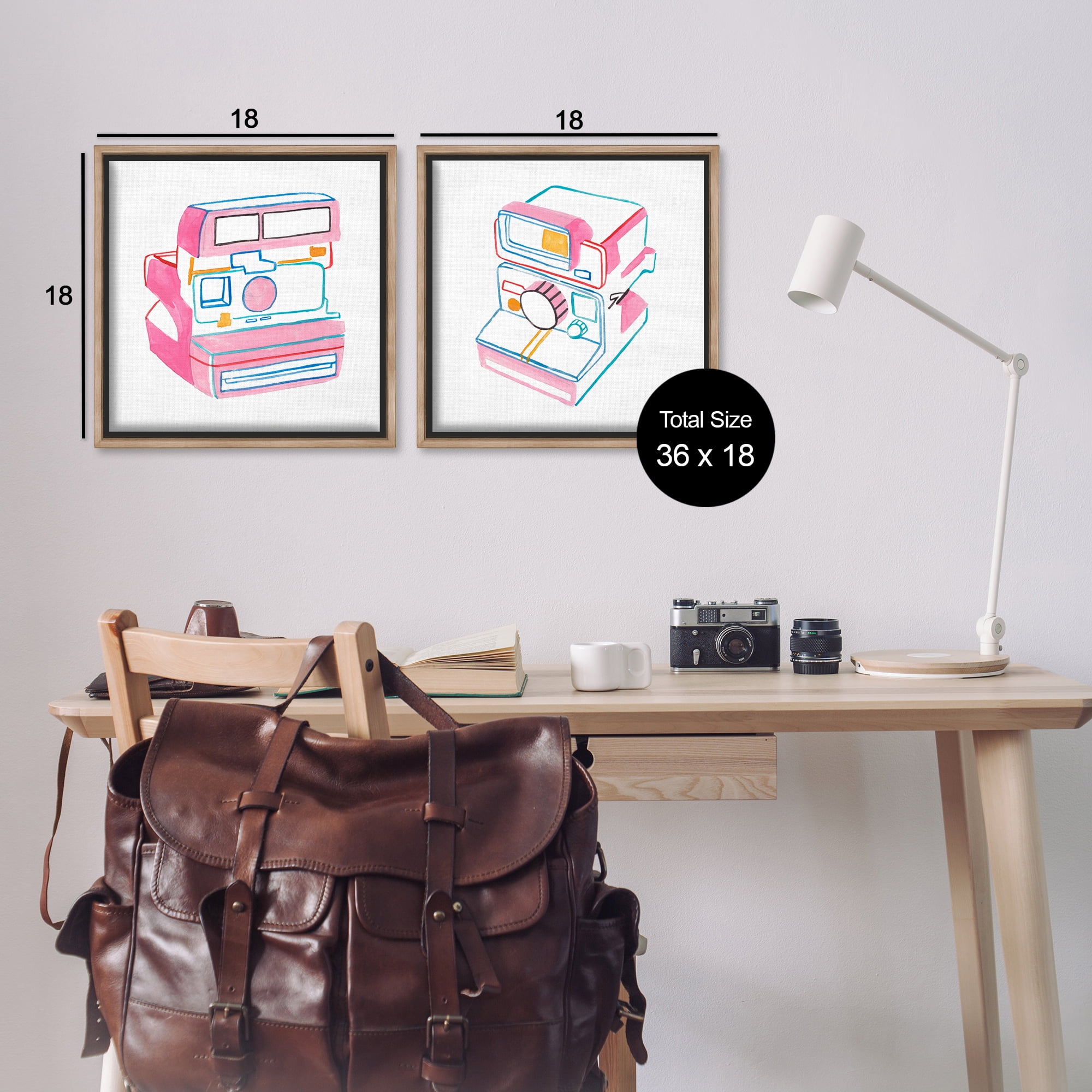 Stupell Industries Hand Drawn Vintage Camera Entertainment Painting Brown Floater Framed Canvas Art Print Wall Art, 18 x 18, Set of 2