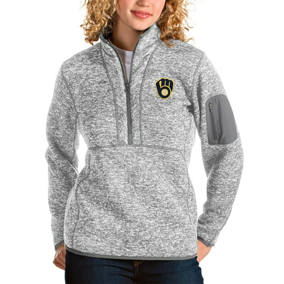 Women's Antigua Heather Gray Milwaukee Brewers Fortune Half-Zip Pullover Jacket
