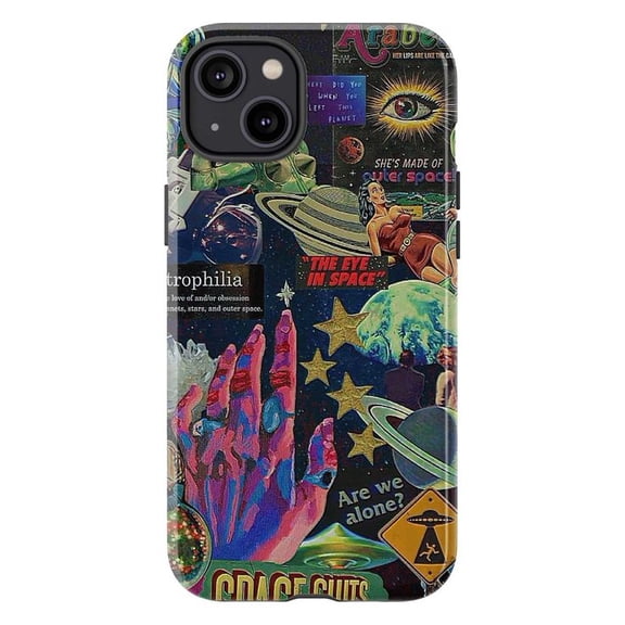Retro Space Collage iPhone Case, Vintage Sci-Fi Art Phone Cover for iPhone 16 15 14 13 12 11 Pro Max Plus Mini