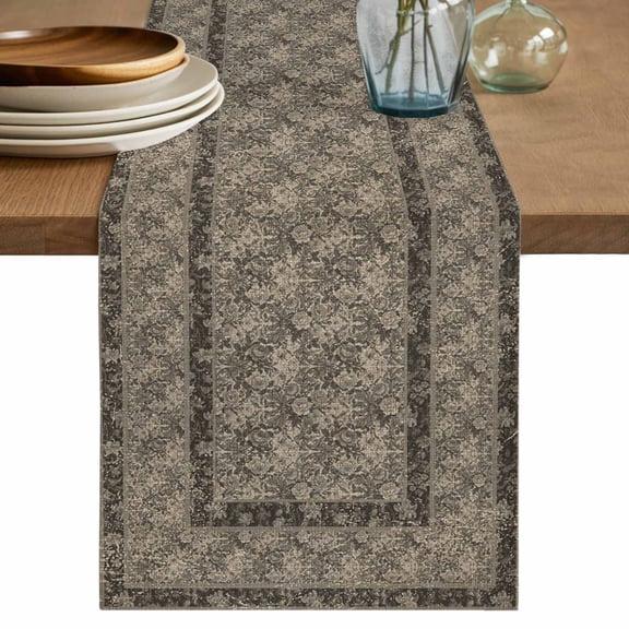 Grey Boho Cotton Linen Table Runner for Dining Kitchen, Vintage Ethnic Tribe Abstract Art Floral Wedding Outdoor Party Tablerunners Decoration, Dresser Scarf Coffee Tablecloth Runners 13x36 Inches