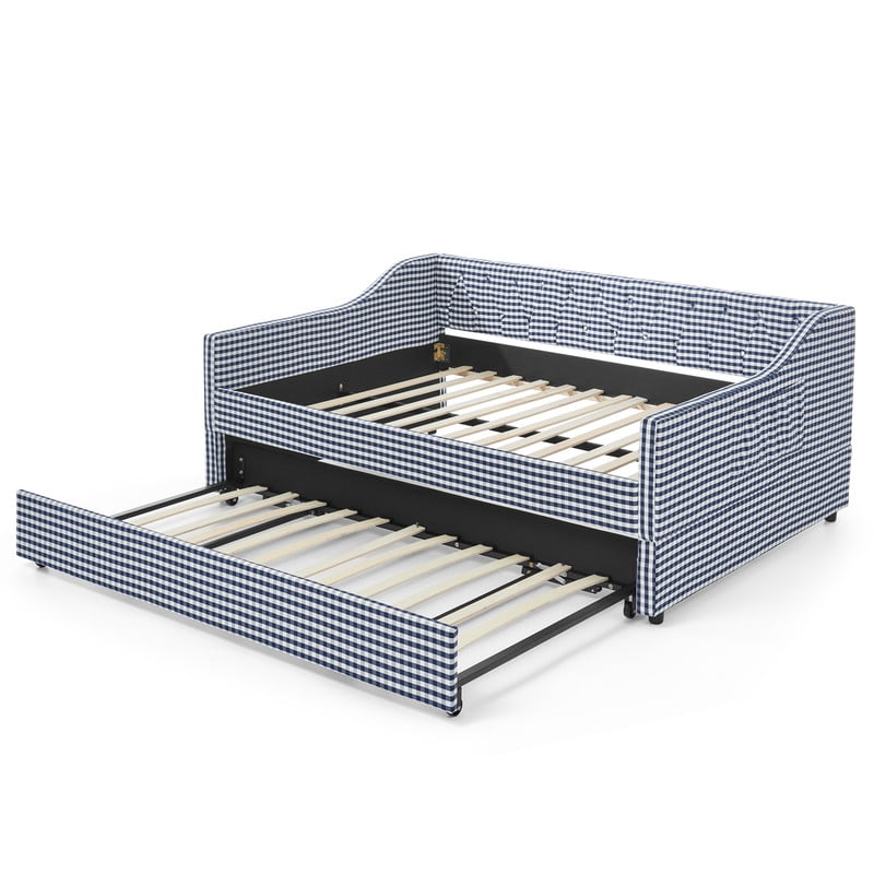 Full Size Daybed with Pop Up Trundle, Gingham Upholstered Daybed Frame with Tufted Button Backrest and Side Storage Pocket, Modern Sofa Bed for Living Room Bedroom