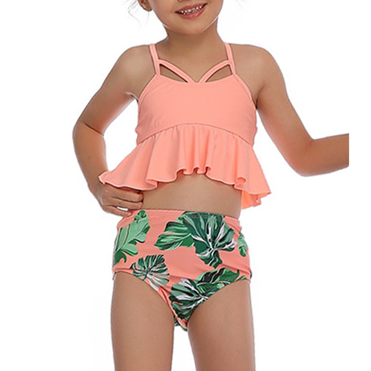 Toddler Girls Swimsuit One Piece Hawaiian Beach Ruffle Sleeve Swimwear Bathing Bikini Set 