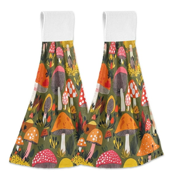 Yayeee Kitchen Hanging Hand Towels Set of 2 with Loop Bathroom Absorbent Tie Towel, Vibrant Mushroom