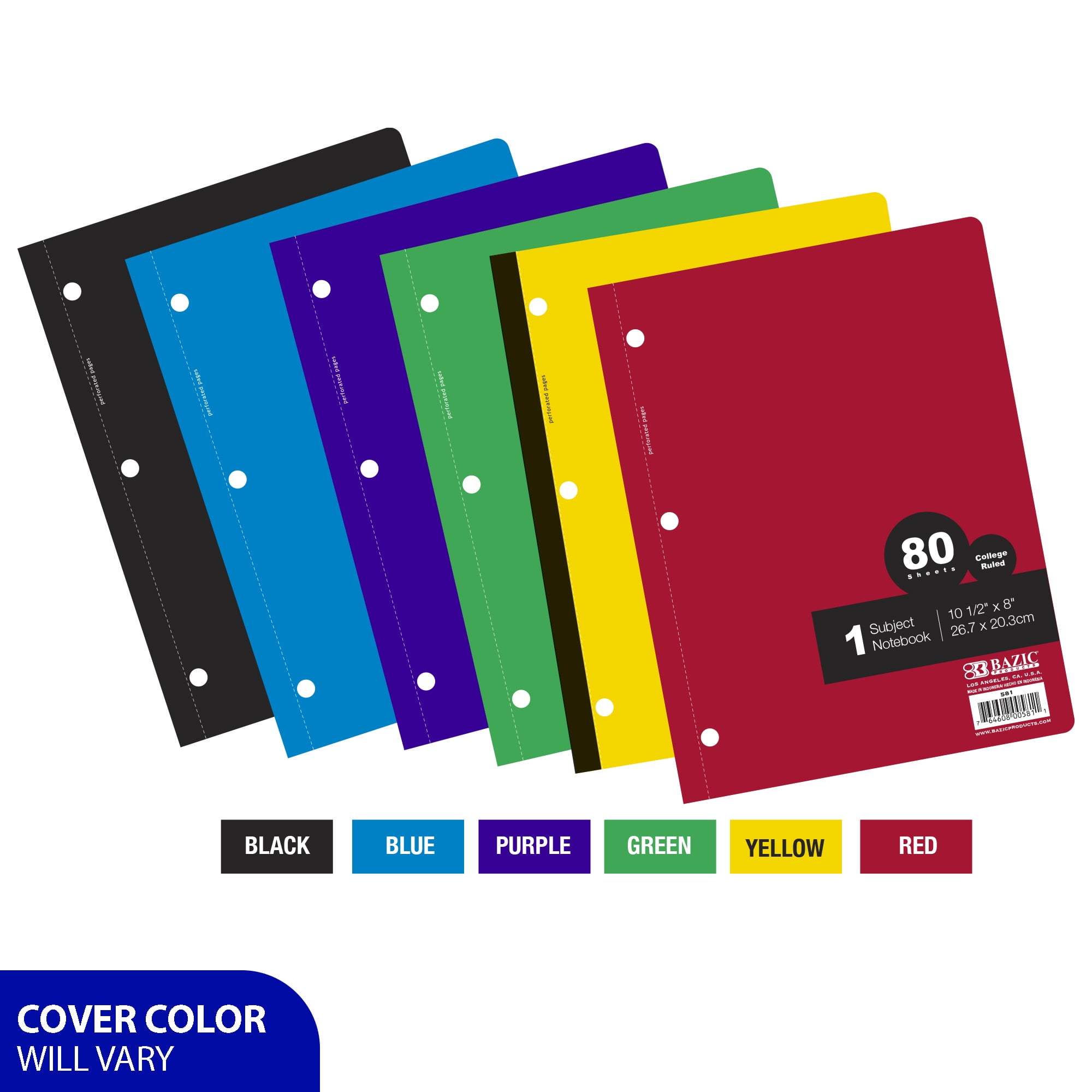Bazic Products 581 Wireless Notebooks, 1-subject, Medium/college Rule, Randomly Assorted Cover Color, (80) 10.5 X 7.5 Sheets