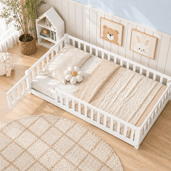 UHOMEPRO Twin Size Floor Bed with Fence and Door, Low Profile Montessori Floor Bed for Crib Transition, Solid Wood Cute Bed Frame with Slats Supports, Easy Assembly, No Box Spring Needed, White