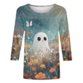 thumbnail image 5 of Xdegoge Women's Cute Halloween Shirts 3/4 Sleeve Crewneck Floral Ghost Graphic Tees Casual Fall Tops Lightweight Comfortable Pullover for Festive Autumn Everyday Wear, 5 of 5