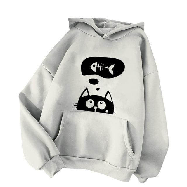 VBARHMQRT Chandail à Col Rond Surdimensionné Femmes Décontracté Mignon à Imprimé Chat Chandails à Capuchon pour Femmes Juniors Automne Hiver à Capuche Manches Longues Chandail à Enfiler Chandails Automne