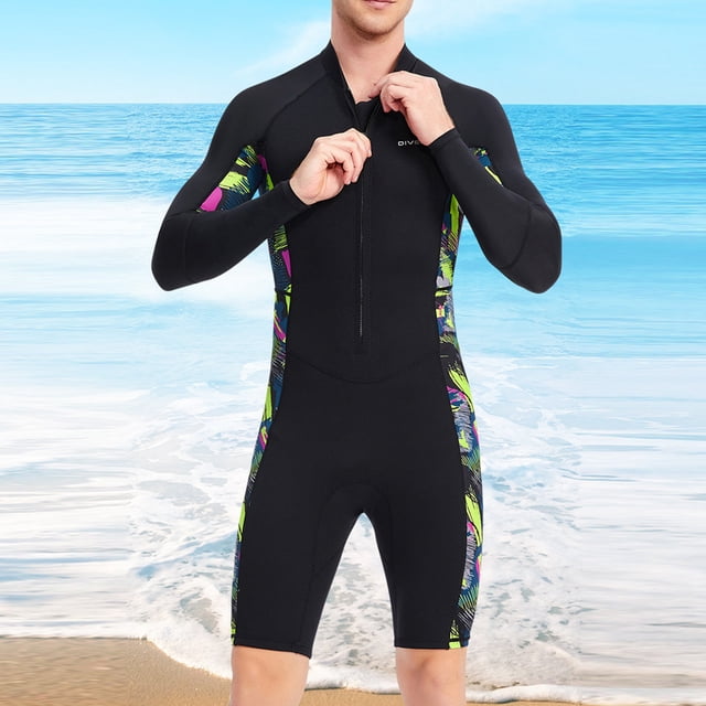 FcBaudy Swim Suits Men Solid Color Wetsuit Conjoined Long Sleeves Sun Protection Wetsuit Swimming Keep Warm Shorts Men polyester Bikinis Tops