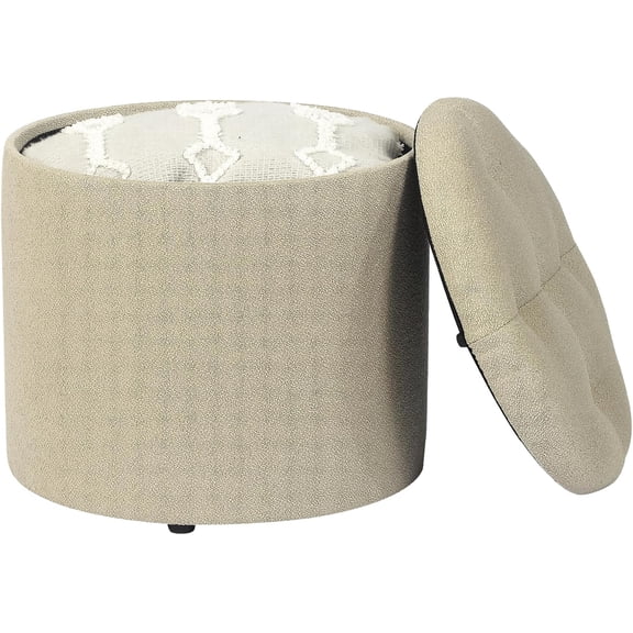 Joveco Round Storage Ottoman, Fabric Small Foot Rest Stool with Removable Lid, for Dorm, Living Room, Couch, Bedroom, Light Beige