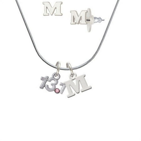 Half Marathon – 13.1 with Pink Crystal – M Initial Charm Necklace and Stud Earrings Jewelry Set