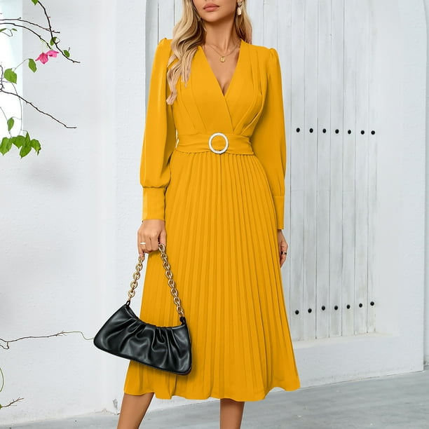 WILLBEST Vestido Corto Mujer Vestido Ajustado De Manga Larga Con Cuello En V A La Moda Para Mujer Vestido Línea A